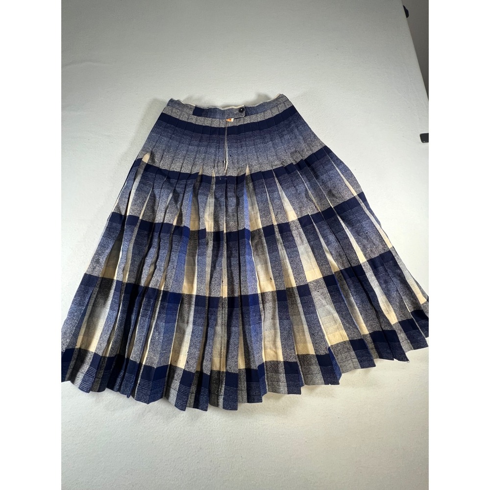 Vintage Pendleton Turnabout Reversible Pleated Wool Skirt Blue Plaid 25 Waist